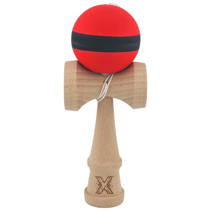 Kendama Originala din Lemn, Rubber Grip, 18 cm, Rosu Negru