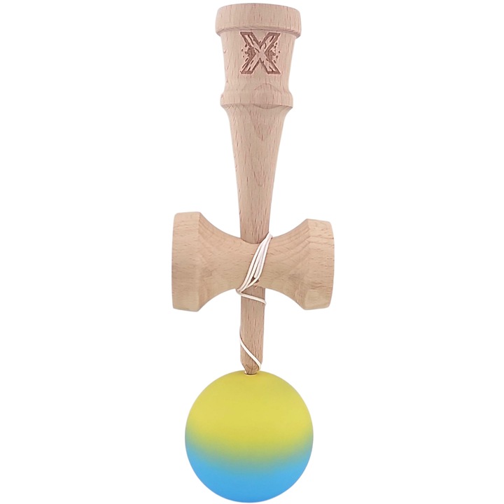 Kendama X Originala, Profesionala, Flippy, din Lemn, Rubber Grip, 18 cm, Galben/Albastru