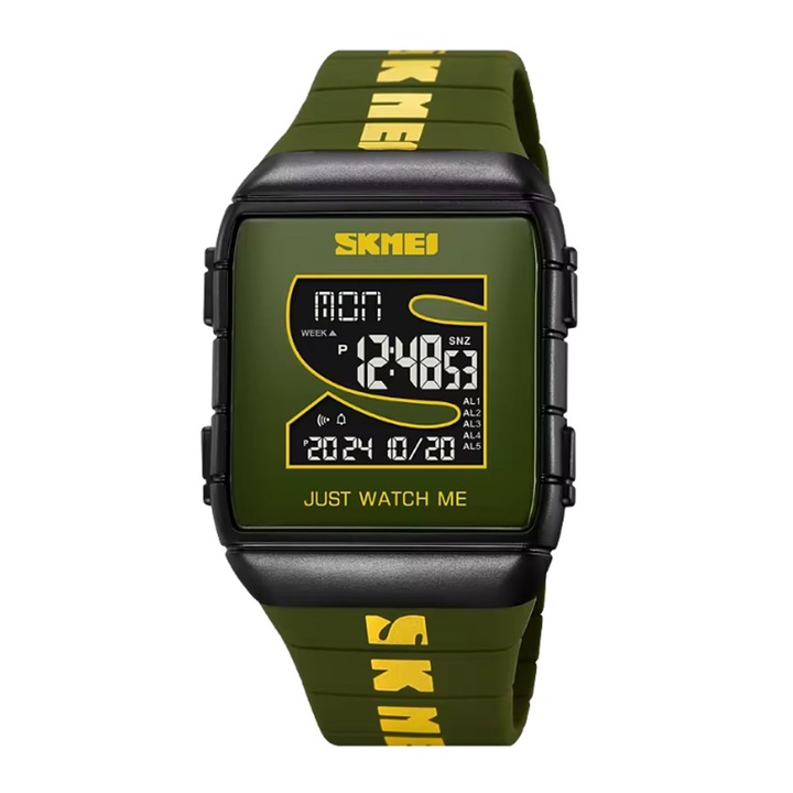 SKMEI 2055 zöld-fekete férfi digitális karóra – több funkció, LED kijelző, sportos dizájn, stopper, ébresztő, 5 atm vízállóság