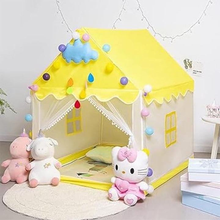 Cort de Joaca pentru Copii cu Lumini LED, Galben, 135x125x100 cm, Castel