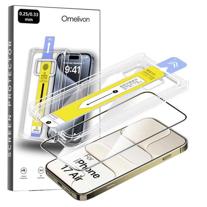 Folie de Protectie pentru iPhone 17 Air, Omelivon, Sticla temperata, Cu Kit de Aplicare Instanta si Functie Automata de Indepartare a Prafului, Full Cover, 3D, Margini Negre, Duritate 9H, Ultra Claritate HD, Anti-amprenta
