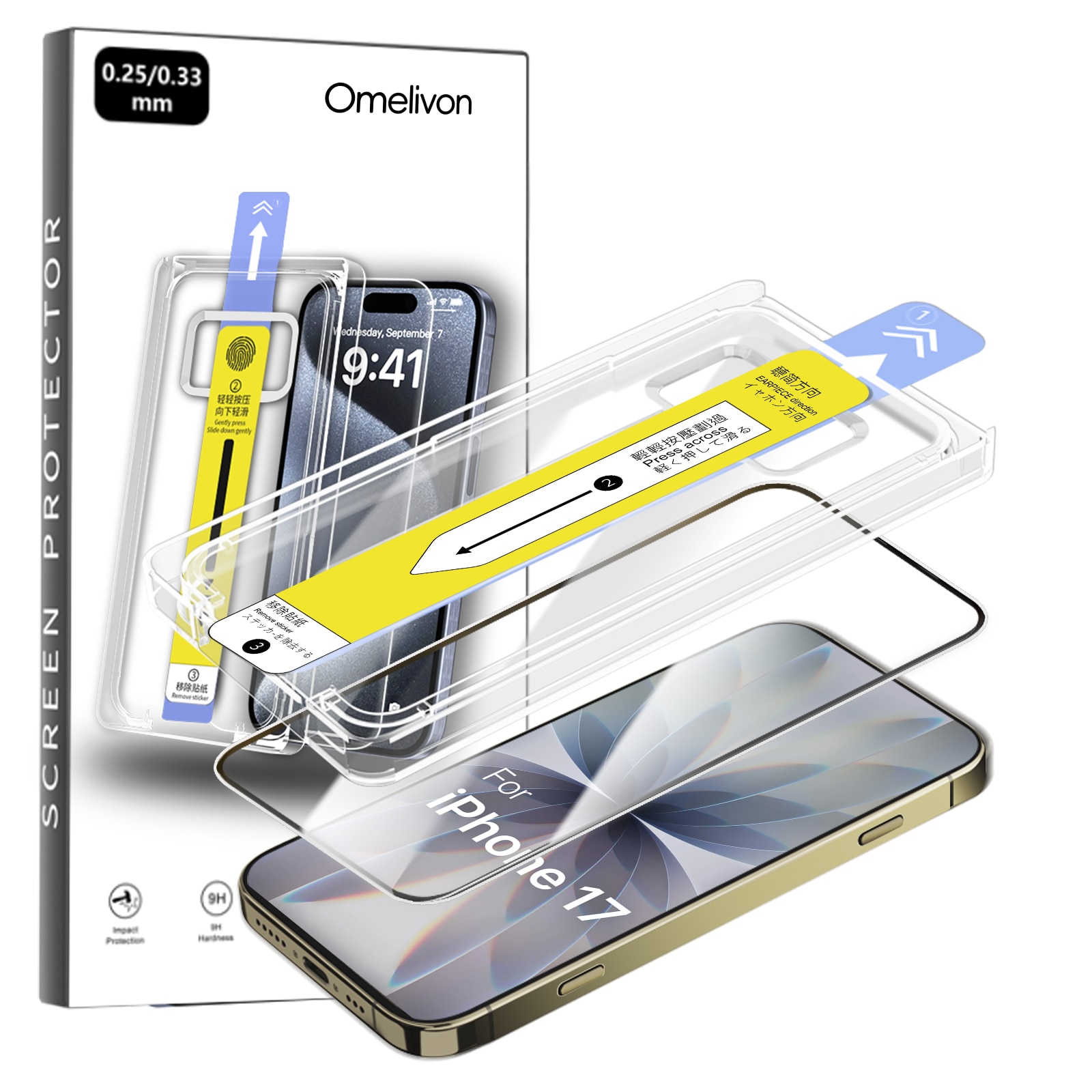 Folie de Protectie pentru iPhone 17, Omelivon, Sticla temperata, Cu Kit de Aplicare Instanta si Functie Automata de Indepartare a Prafului, Full Cover, 3D, Margini Negre, Duritate 9H, Ultra Claritate HD, Anti-amprenta