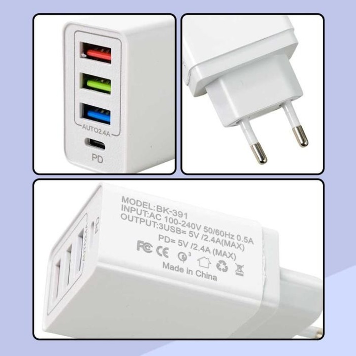 Incarcator Fast Charge pentru Telefon 32W, Southern Sky, Incarcator Quick Charge cu 3 Porturi USB-A 3.1A & 1 USB-C, Power Delivery 32W, Cap Standard European, Alb