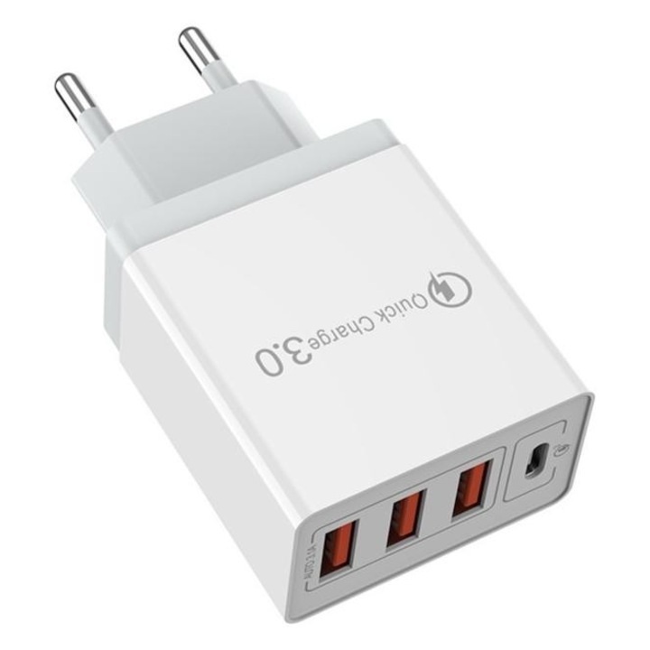 Încărcător Fast Charge Flippy 32W, 3x USB-A 3.1A & 1x USB-C, Alb