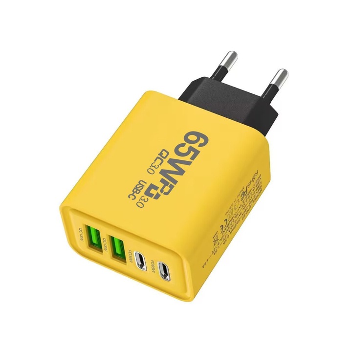 Încărcător Fast Charge Flippy 65W, 2x USB-A 3.1A & 2x USB-C, Cap Standard European, Galben