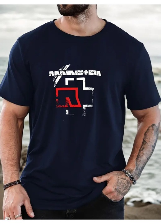 Férfi póló Rammstein, kerek nyakú, laza, lezser, mindennapi, pamut, Sötétkék