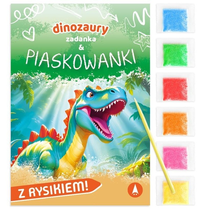 Set de pictura cu nisip SKRZAT, Dinozauri, 3 planse de colorat, 6 pungi cu nisip colorat