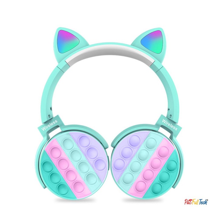 Casti pentru Copii Wireless, cu Urechi de Pisica, Pop IT, Bluetooth 5.0, Microfon Incorporat, Pliabile, Confortabile, Casti Dragute fara Fir, PacFullTech, Multicolor