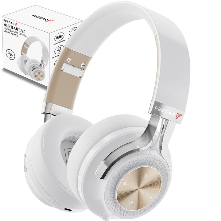Feegar Alphabeat ANC vezeték nélküli on-ear fejhallgató, 65 óra, vezeték nélküli Bluetooth 5.4/ Plug-In, többpontos csatlakozás, hangasszisztens, fehér