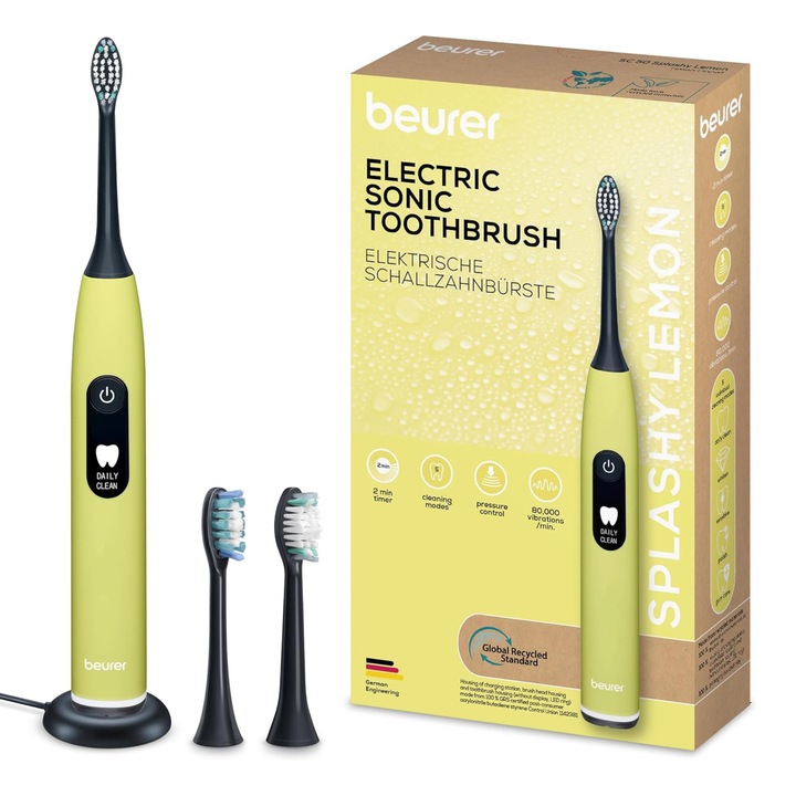 Beurer SC 50 Splashy Lemon szónikus elektromos fogkefe, 80.000 mozgás/perc, 5 tisztítási mód, 2 perces intelligens időzítő, nyomásérzékelő, erős akkumulátor, 2 fej, kopásjelző sörték, környezetbarát, automatikus kikapcsolás