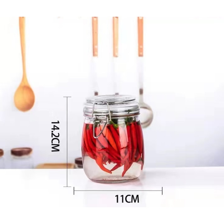 Borcan sticlă 750 ml, capac ermetic metalic, transparent, organizare eficientă, design modern