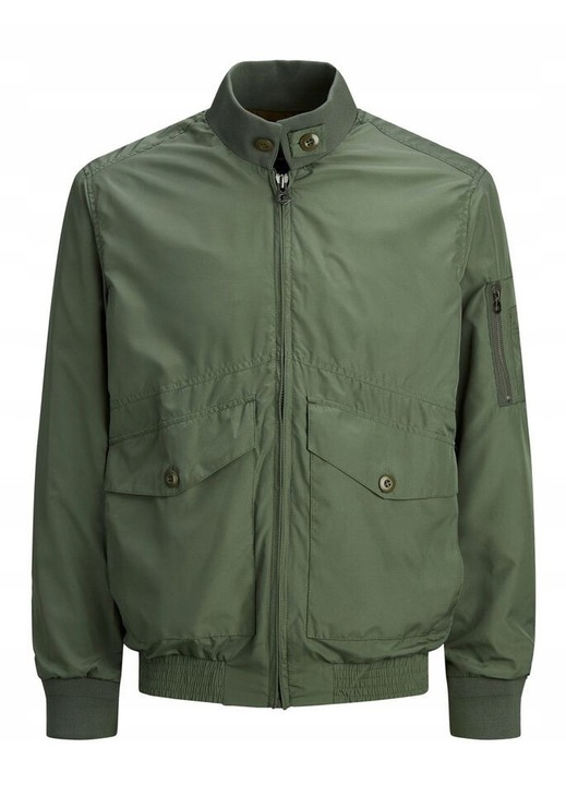 Geaca bomber Jack & Jones, usoara, guler ridicat, verde, poliester/bumbac, M INTL