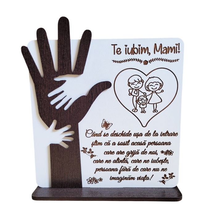 Decoratiune personalizata pentru mami / mama / sotie- tablou de lemn gravat, 20×23 cm, Model 1