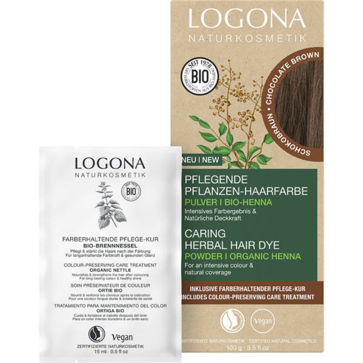 Vopsea de par LOGONA 09 Czekoladowy Braz, 100% naturala, vegana, 100g, set cu tratament de fixare a culorii 15ml