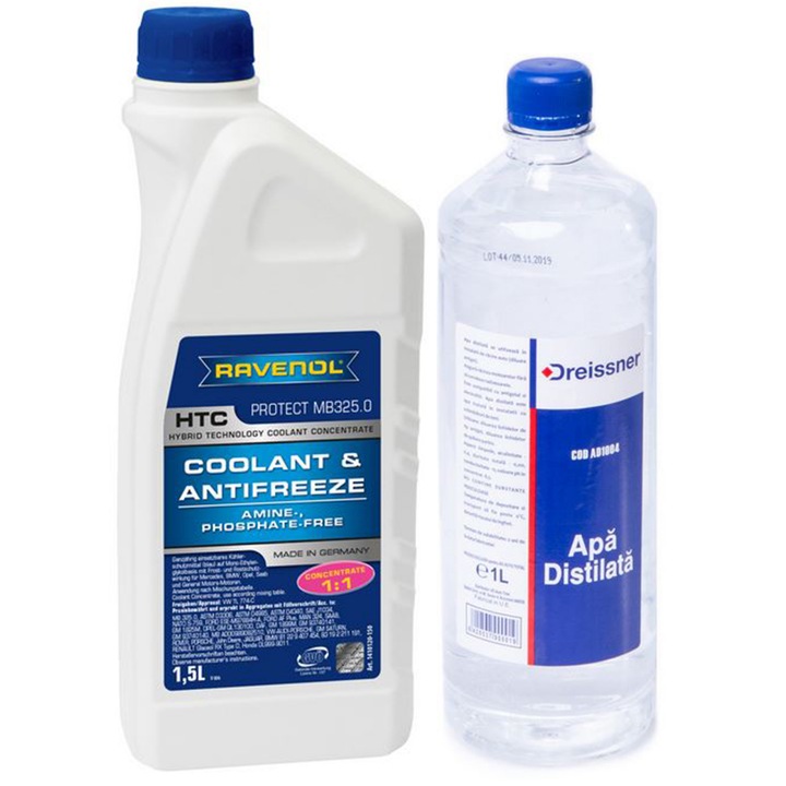 Pachet 2.5 litri antigel concentrat Ravenol HTC protect MB 325.0 albastru si apa distilata