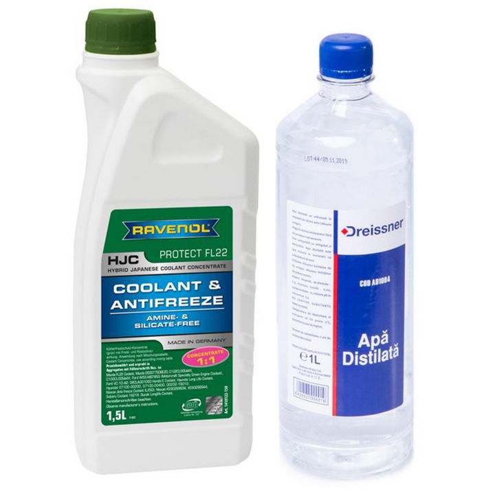 Pachet Antigel concentrat Ravenol HJC Protect FL22 verde si apa distilata, 2.5 litri