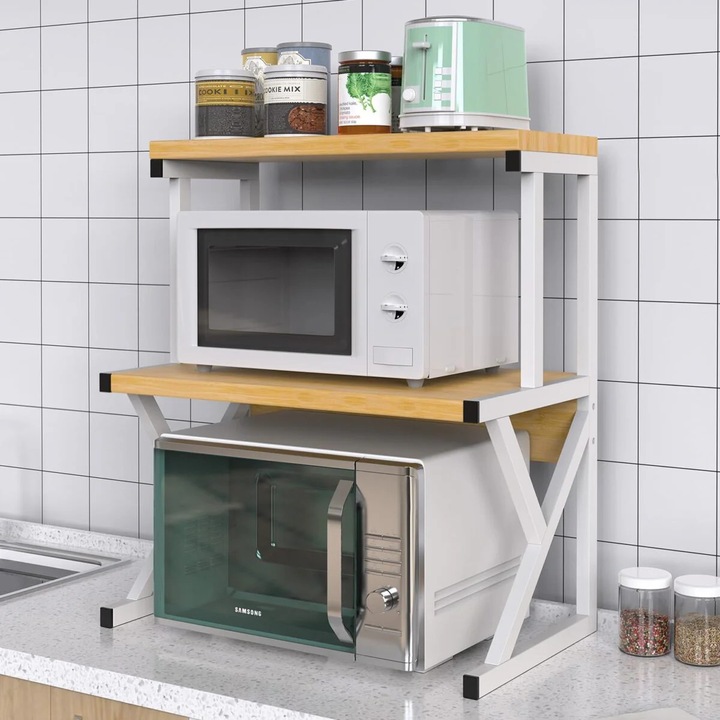 Univerzális mikrohullámú sütő polc, 2 szint, fa-fém, 68,5x54x37cm, fehér