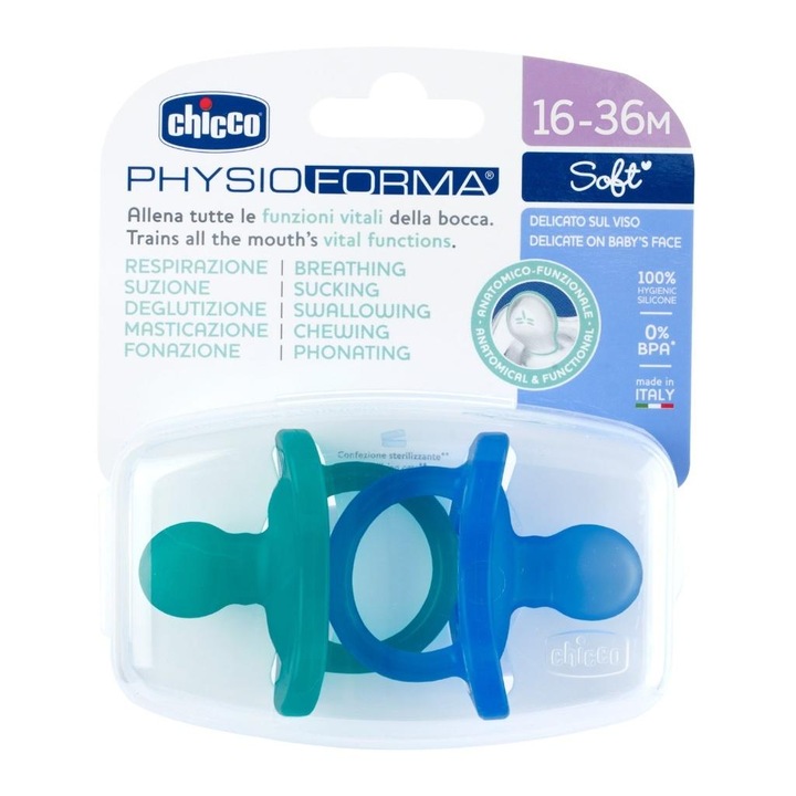 Chicco PHYSIOFORMA Soft 2 db-os cumi szett, 100% szilikon, 16-36 hónapos korig, kék
