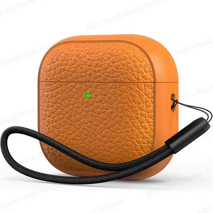 Husa de protectie compatibila cu Airpods 4, textura piele, Orange, incarcare wireless