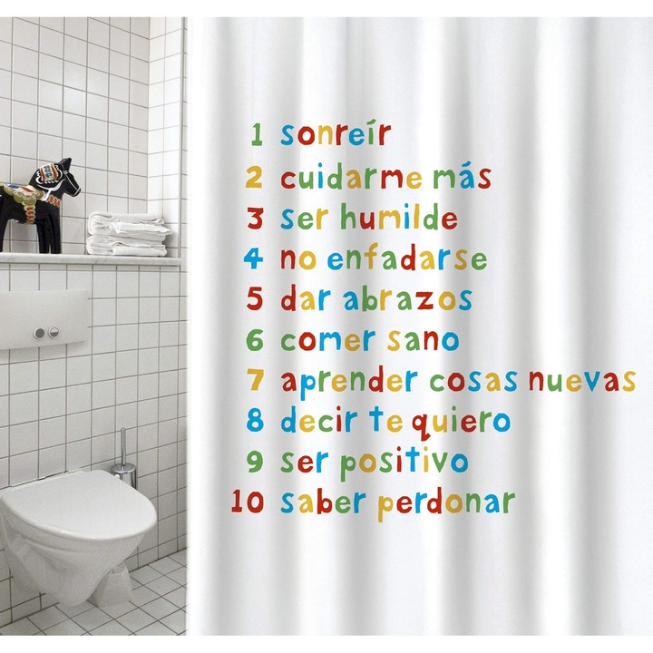 Perdea de Dus Antibacteriana Alb & Scris Multicolor, 180 x 200 cm – 100% Poliester, Efect Anti-Mucegai, Rezistenta si Usor de Curatat, cu Inele Incluse