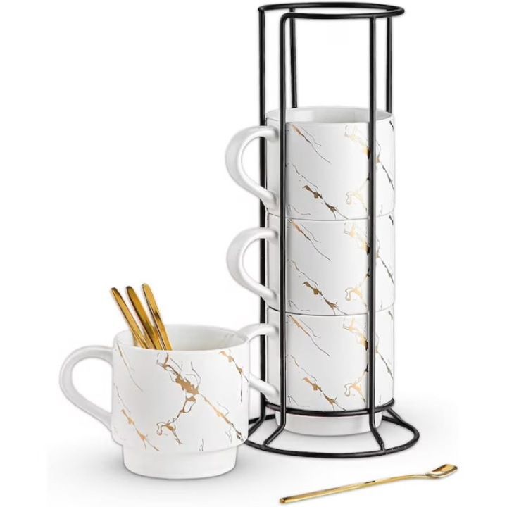 Csésze és Állvány Készlet, Kerámia, Márványos Minta, 5 Darab, 200ml, Fehér-Arany