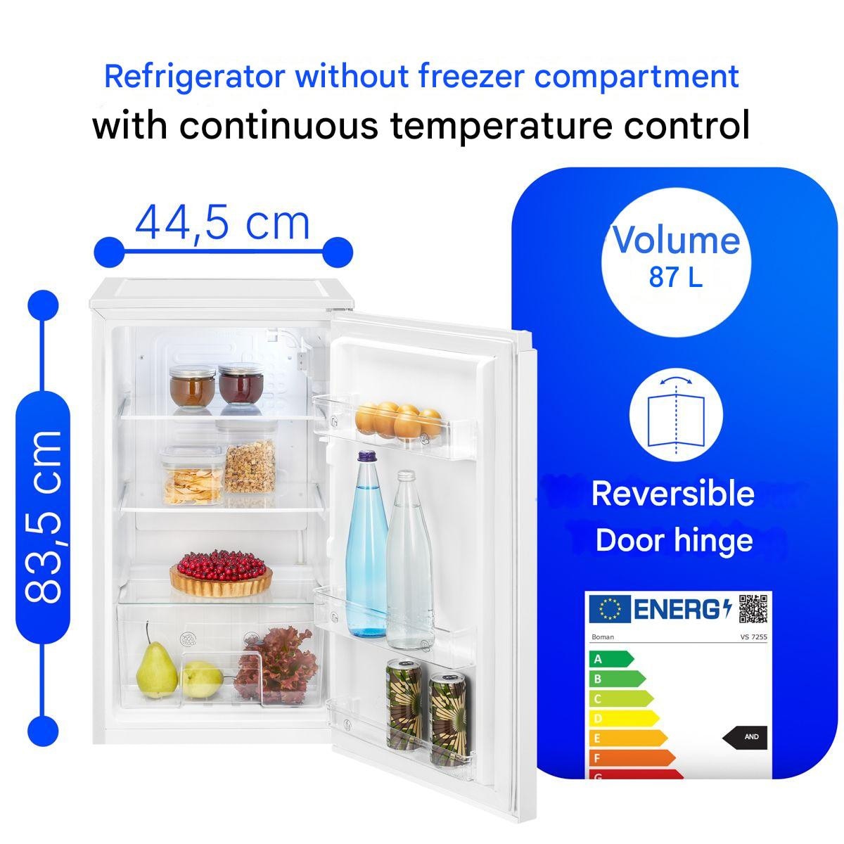 Frigider Bomann, VS7255W, H 83.5 cm, volum 87 litri, consum redus, 3 rafturi sticla securizata, 3 compartimente usa, control temperatura, iluminat interior LED, silentios, usa reversibila, compartiment legume/fructe, suport oua, alb