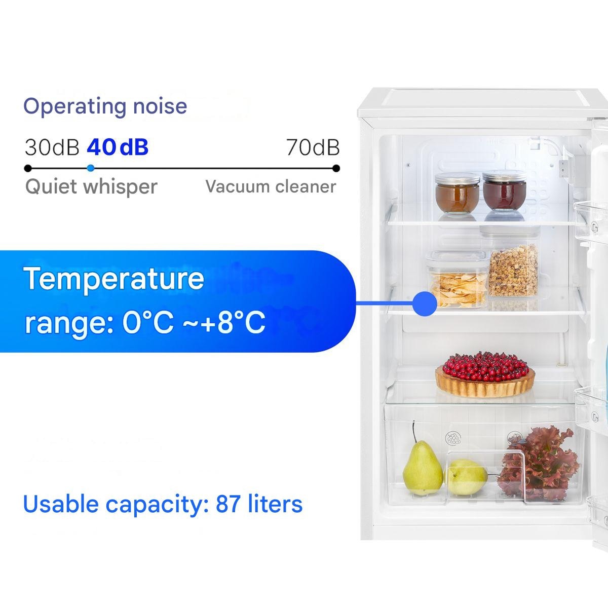 Frigider Bomann, VS7255W, H 83.5 cm, volum 87 litri, consum redus, 3 rafturi sticla securizata, 3 compartimente usa, control temperatura, iluminat interior LED, silentios, usa reversibila, compartiment legume/fructe, suport oua, alb