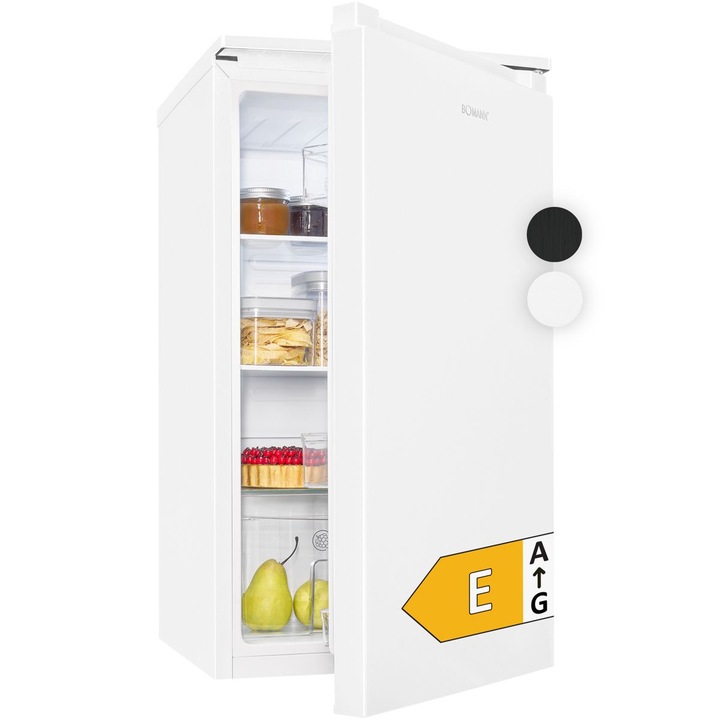 Frigider Bomann, VS7255W, H 83.5 cm, volum 87 litri, consum redus, 3 rafturi sticla securizata, 3 compartimente usa, control temperatura, iluminat interior LED, silentios, usa reversibila, compartiment legume/fructe, suport oua, alb