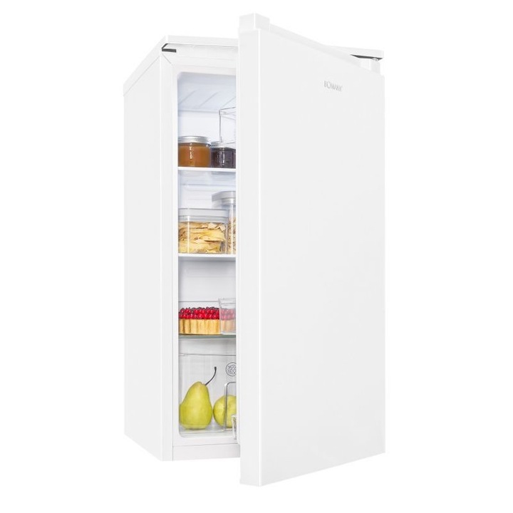 Frigider Bomann, VS7255W, H 83.5 cm, volum 87 litri, consum redus, 3 rafturi sticla securizata, 3 compartimente usa, control temperatura, iluminat interior LED, silentios, usa reversibila, compartiment legume/fructe, suport oua, alb
