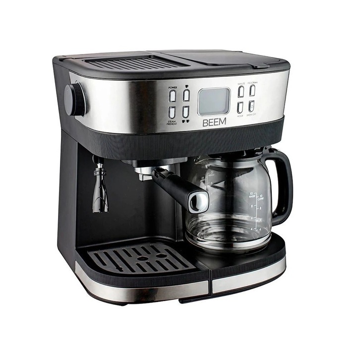 Espressor semiautomat/cafetiera 2in1, BEEM, Fresh Aroma 2in1, capacitate 1.25 litri, compatibila cu cafea macinata, duza spumare lapte, display LED, 4 trepte tarie cafea, carafa sticla, portafiltru, timer, filtru lavabil, operare intuitiva, inox