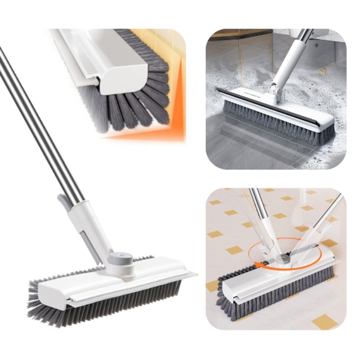 3 az 1-ben Multifunkciós kefe lehúzóval és szőrfogó tartozékkal, 133 cm hosszú teleszkópos nyél, V alakú merev sörték padlók, falak és fugák tisztításához, 180 fokban mozgatható fej, beltéri, kültéri, fürdőszobai, konyhai, teraszos használatra