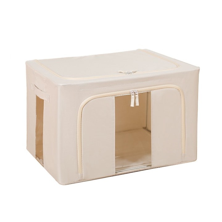 EMATTERIO® Összecsukható Tárolódoboz, Ablakos és Dupla Cipzáras, 66 L, Prémium Textil, 50x40x33 cm, Fém Keret, Vízálló, Bézs