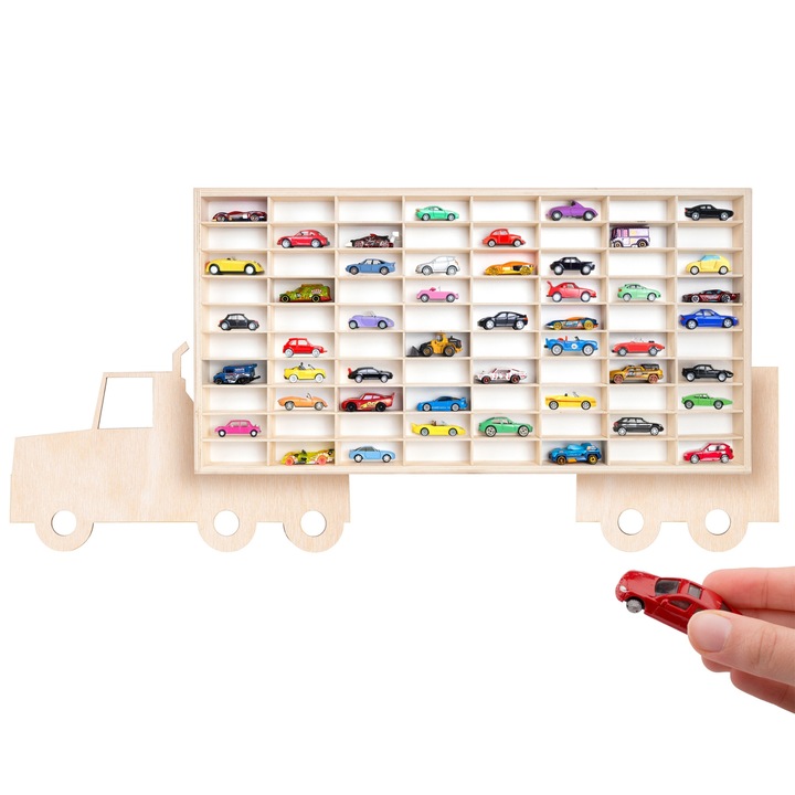 Fali fa polc kamion TIR formában, Creative Deco, vitrin 80 állítható rekesszel, 116x54x5 cm, kisautókhoz, miniatűrökhöz és gyűjthető tárgyakhoz