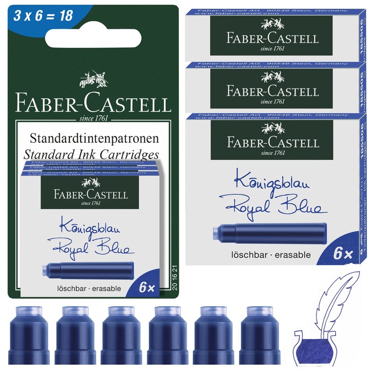 Rezerve cerneala Faber-Castell, set 3x6, 18 buc, albastru