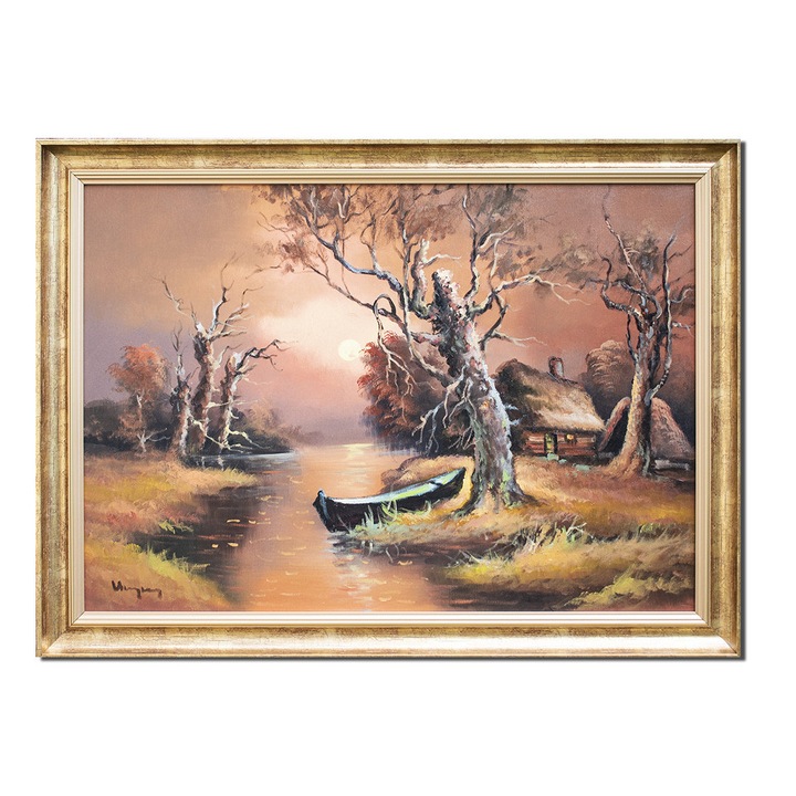 Tablou pictat manual inramat, Apus de soare in Delta Dunarii, 80x60cm ulei pe panza, rama din lemn, Geo Ungureanu