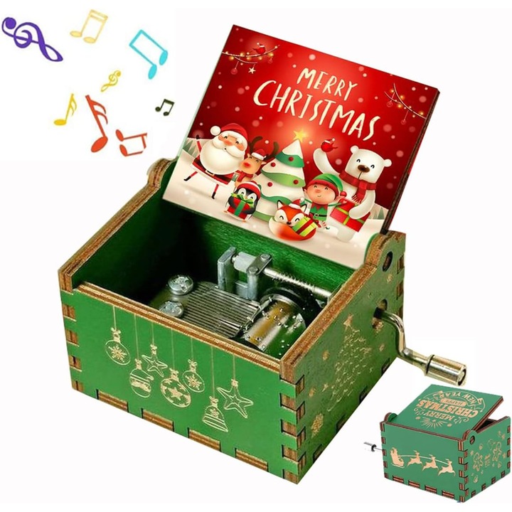 Fa karácsonyi kézi tekerős zenélő doboz – „Merry Christmas” – Dekoratív miniatűr, Ajándék gyerekeknek és családoknak, Tematikus festett minta, 6,5 × 5 × 3,8 cm
