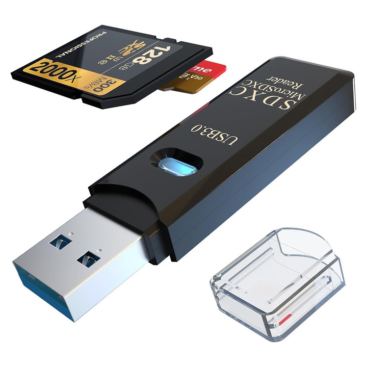 Kártyaolvasó adapter 2 az 1-ben, Mingzhi@, USB 3.0/Type-C, SD/SDXC/Micro SD/Micro SDXC/SDHC/MMC/RS-MMC/UHS-I kártyákhoz, fekete