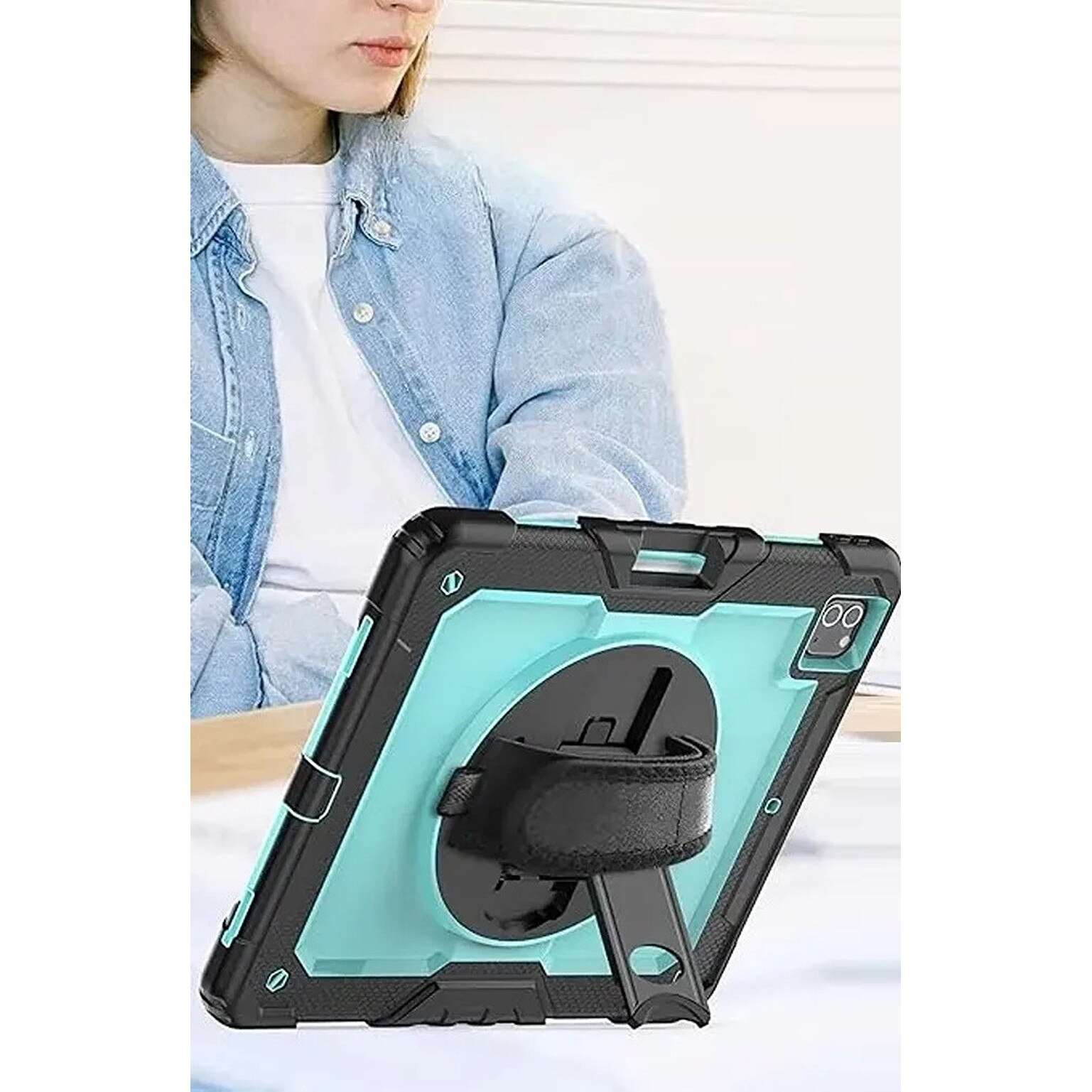 Husa tableta Nikcorp pentru iPad Pro 4/5 12,9", 3 straturi, suport rotativ, turcoaz