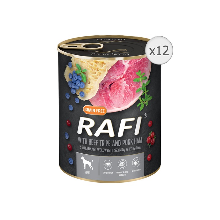 Pate pentru caini, Rafi, sunca, burta de vita, afine si merisoare, 12x400g