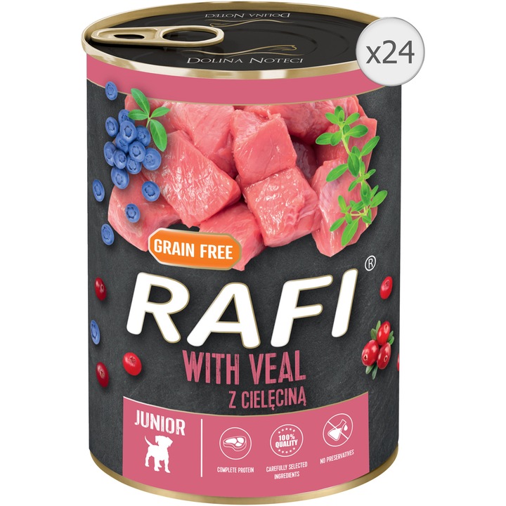 Pate pentru caini junior, Rafi, vitel, afine si merisoare, 24x400g