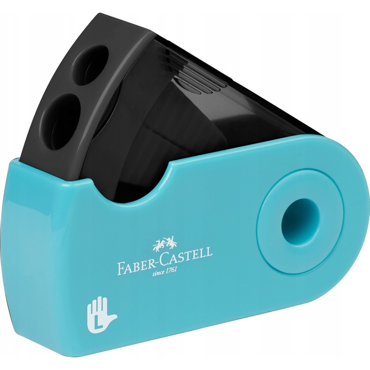Ascutitoare dubla FABER-CASTELL Sleeve, turcoaz, pentru stangaci, cu recipient, ergonomic