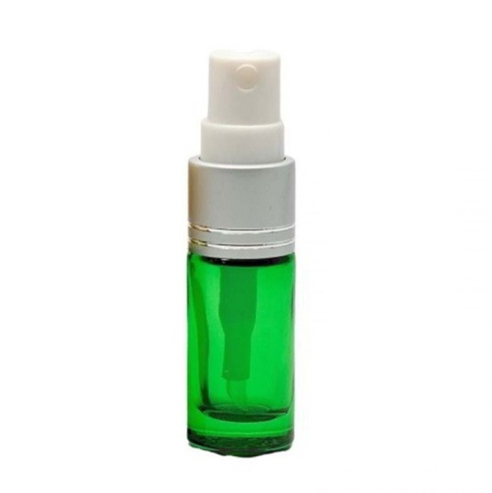 Recipient cosmetic din sticla verde cu pompa pulverizatoare, Pompa pulverizatoare Argintie, 5ml
