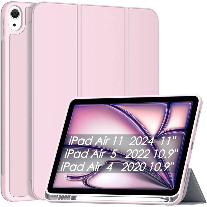Sonlaryin tablet tok iPad Air 11" 2024-hez, rózsaszín, Apple Pencil tartóval, automatikus ébresztéssel, 360°-os védelemmel