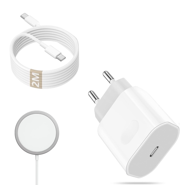 Kit incarcator retea 20w pd, cablu date C-Litgh 37w 2m, Incarcator Wireless QUANDES® Magnetic Safe, Incarcare Rapida 15W, compatibil iPhone 14/13/12/11 Pro Max, AirPods Pro