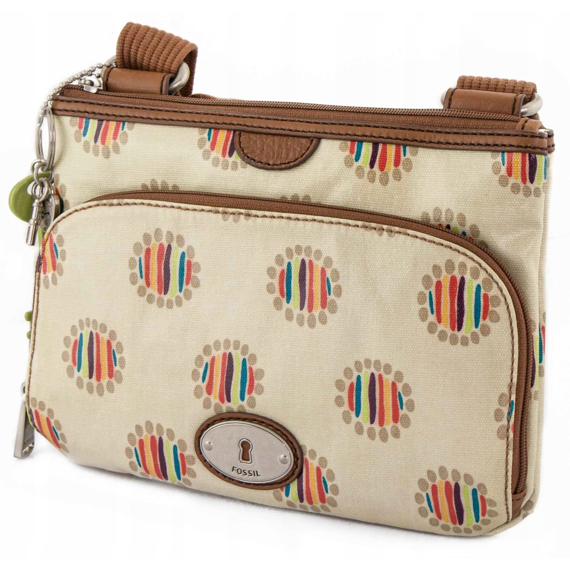 Geanta dama Fossil, model Key-Per Top Zip Dot, bej/maro, 27x21x4cm