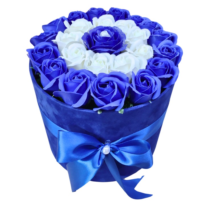 Aranjament floral in cutie catifelata albastru inchis - decorata cu trandafiri de sapun albastru-alb, diametru si inaltime 25 cm