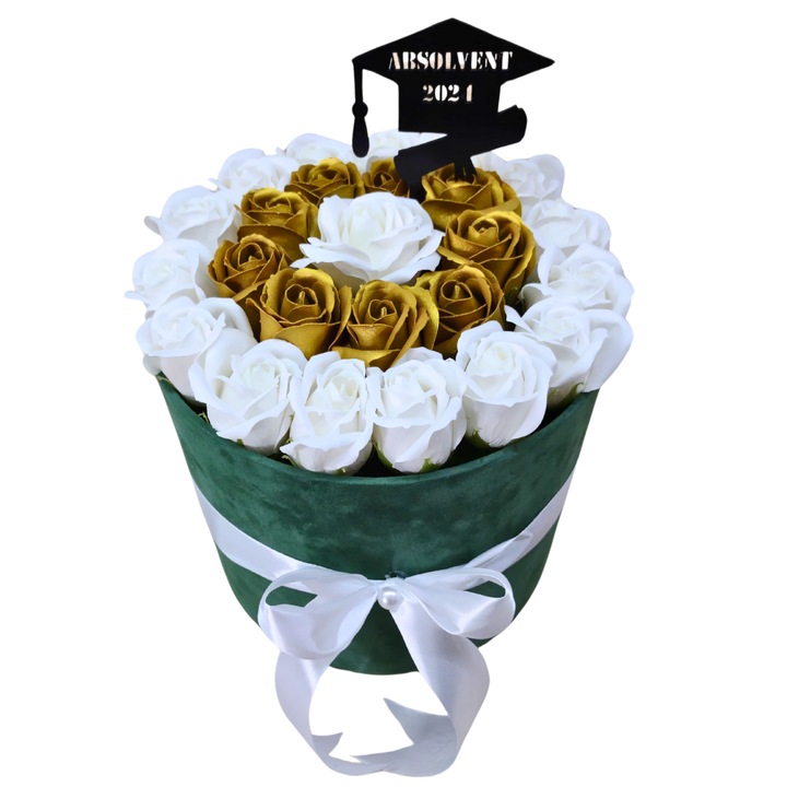 Aranjament floral in cutie catifelata verde - decorata cu trandafiri de sapun auriu-alb, cu topper decorativ, diametru si inaltime 25 cm, v3