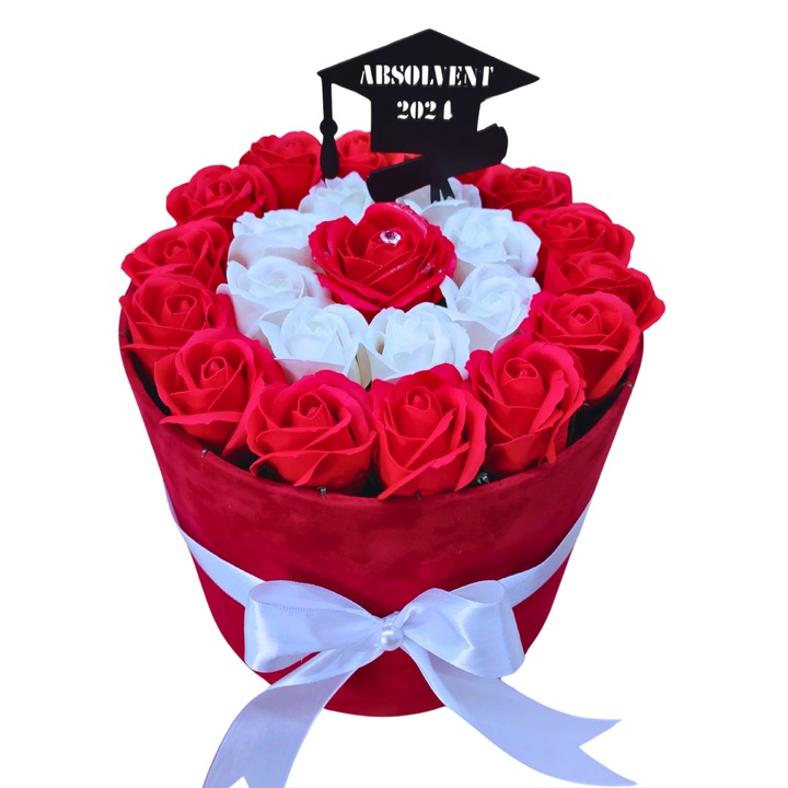 Aranjament floral in cutie catifelata rosie - decorata cu trandafiri de sapun rosu-alb, cu topper decorativ, diametru si inaltime 25 cm, v3