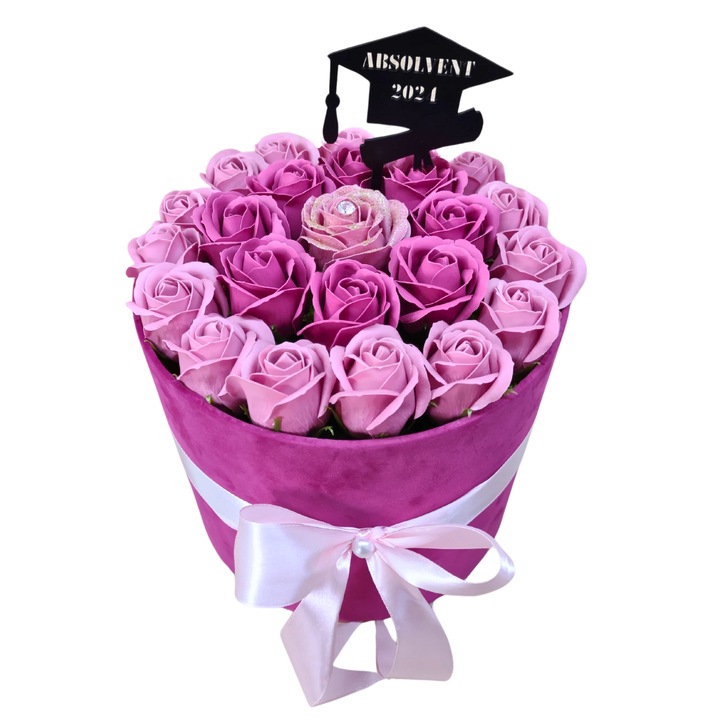 Aranjament floral in cutie catifelata grena - decorata cu trandafiri de sapun grena-roz, cu toper decorativ, diametru si inaltime 25 cm, v3