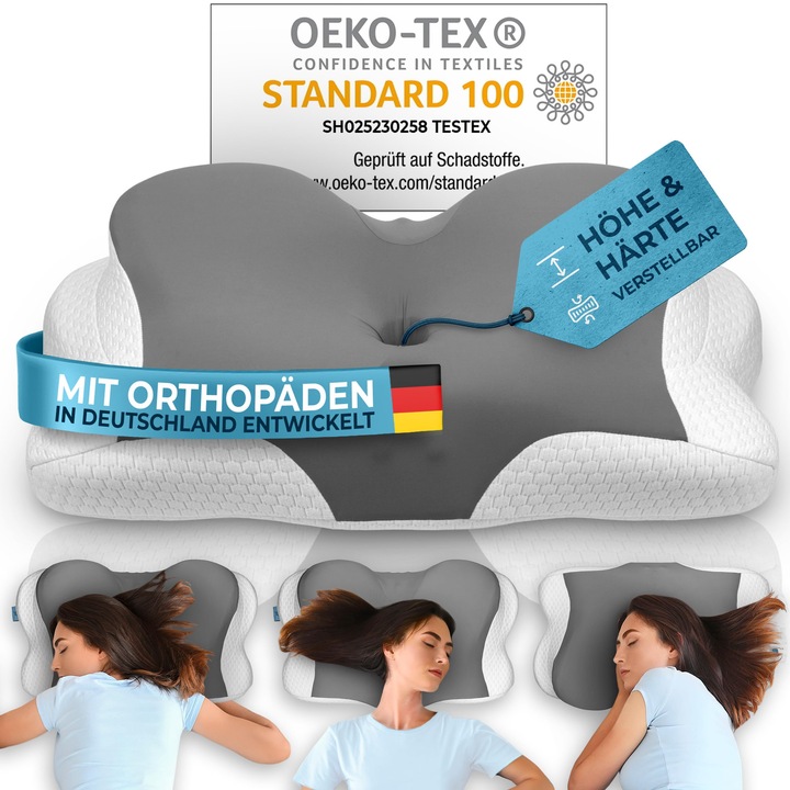 Glückstoff® memóriahabos párna [állítható magasságú], állítható alakú párna, nyaktámasz oldalfekvőknek - szürke